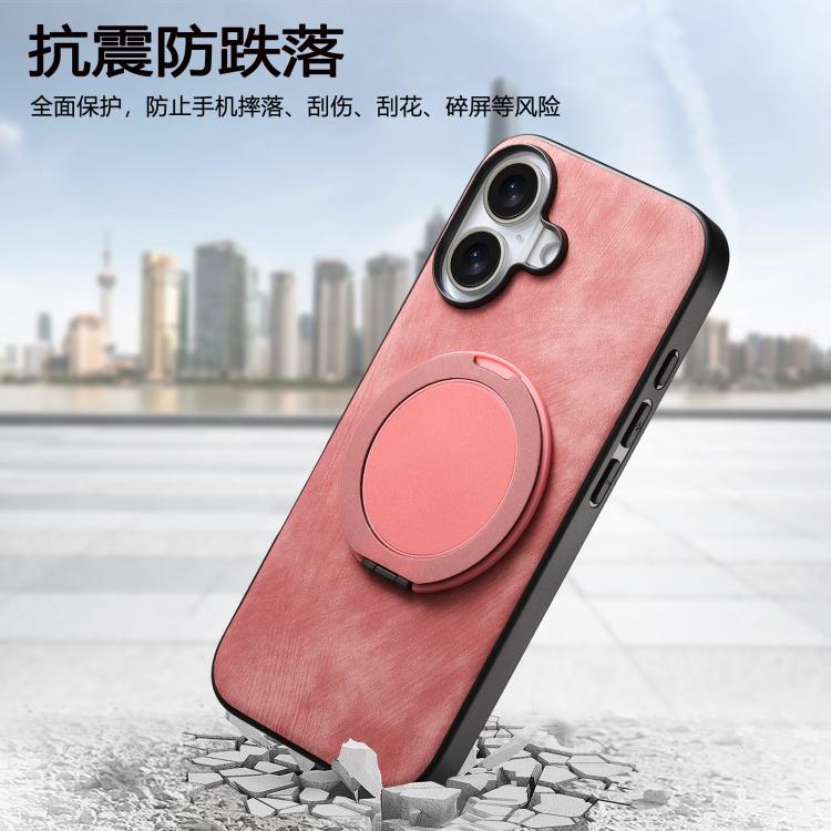 For iPhone 16 Retro Leather Rotation Round Holder Phone Case