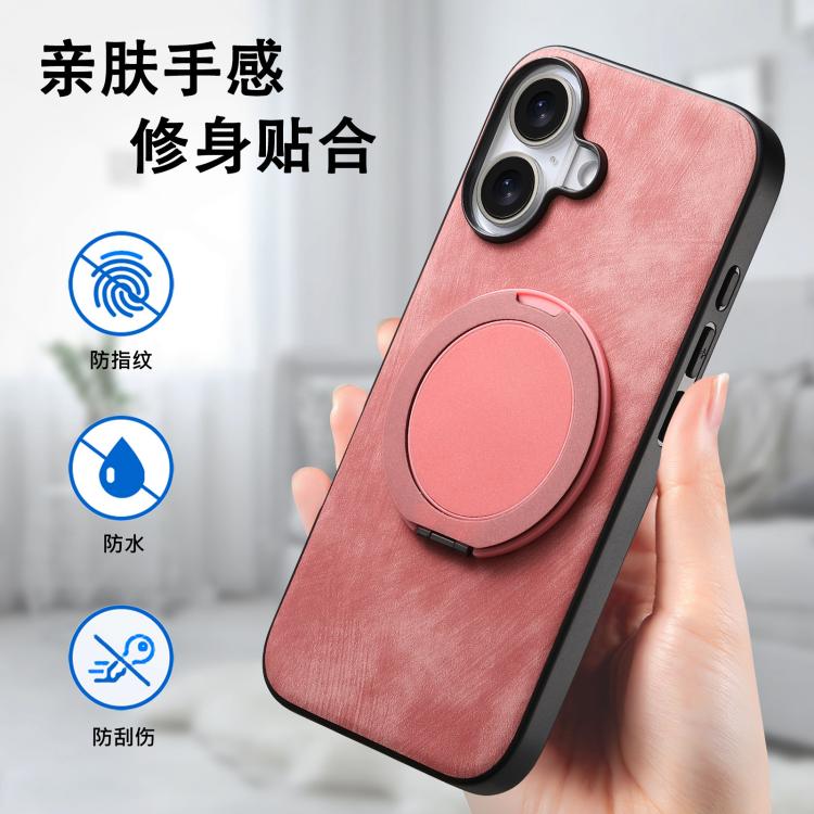 For iPhone 16 Retro Leather Rotation Round Holder Phone Case