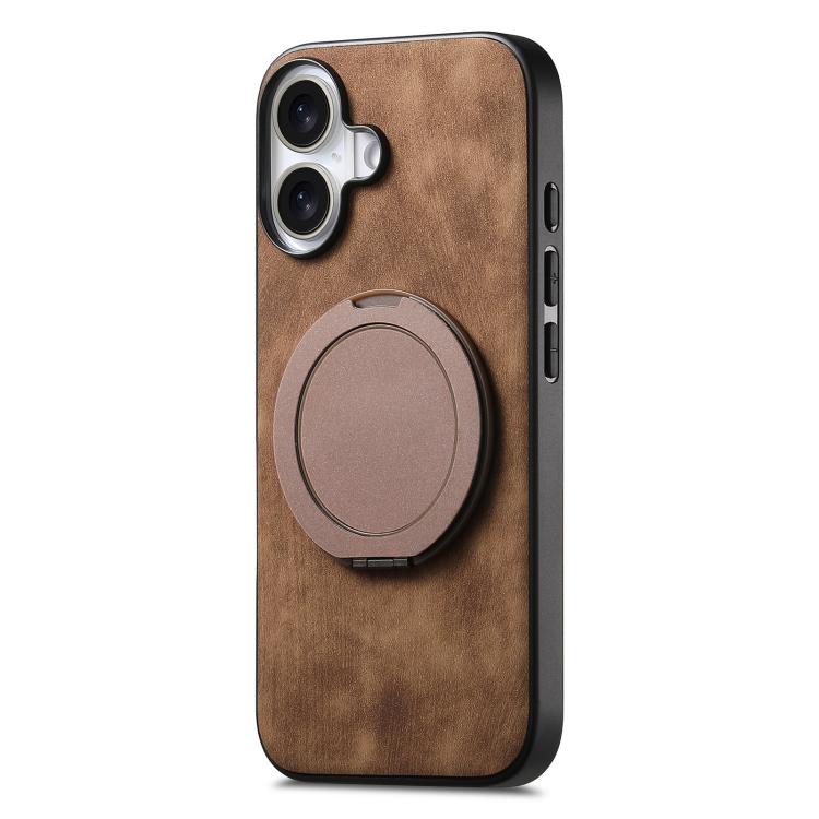 For iPhone 16 Retro Leather Rotation Round Holder Phone Case