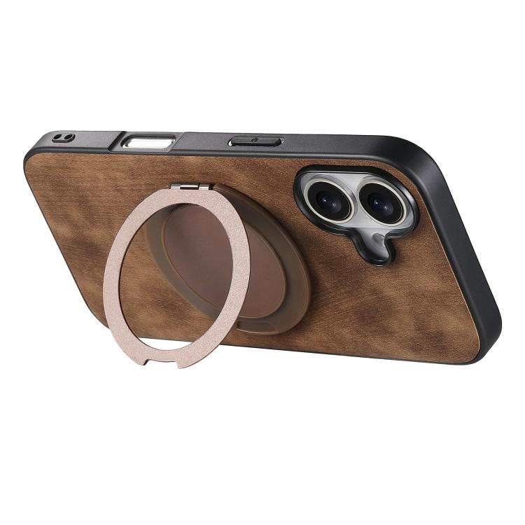 For iPhone 16 Retro Leather Rotation Round Holder Phone Case