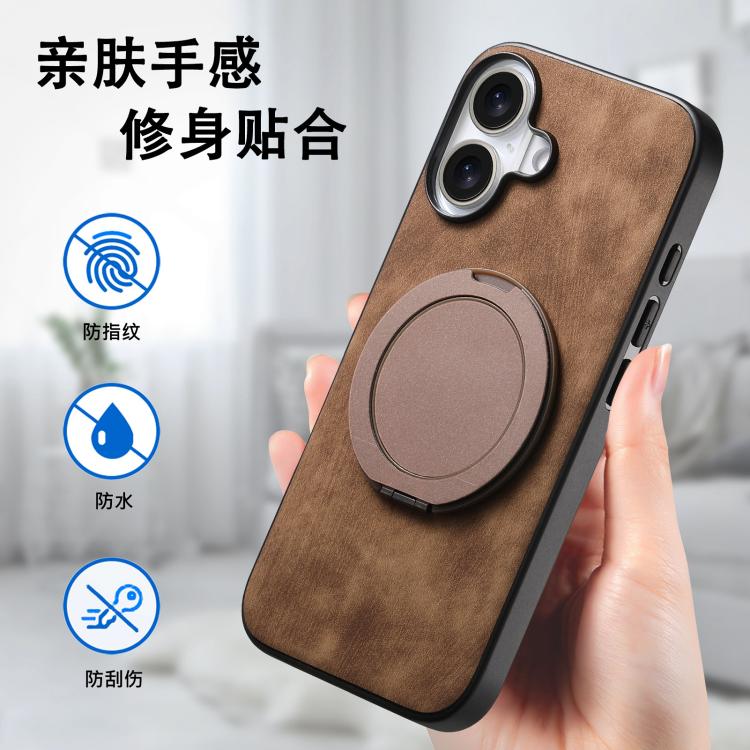 For iPhone 16 Retro Leather Rotation Round Holder Phone Case
