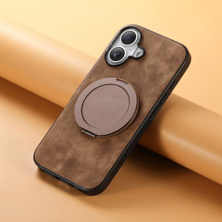 For iPhone 16 Retro Leather Rotation Round Holder Phone Case