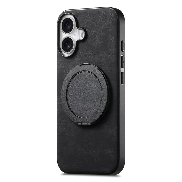 For iPhone 16 Retro Leather Rotation Round Holder Phone Case