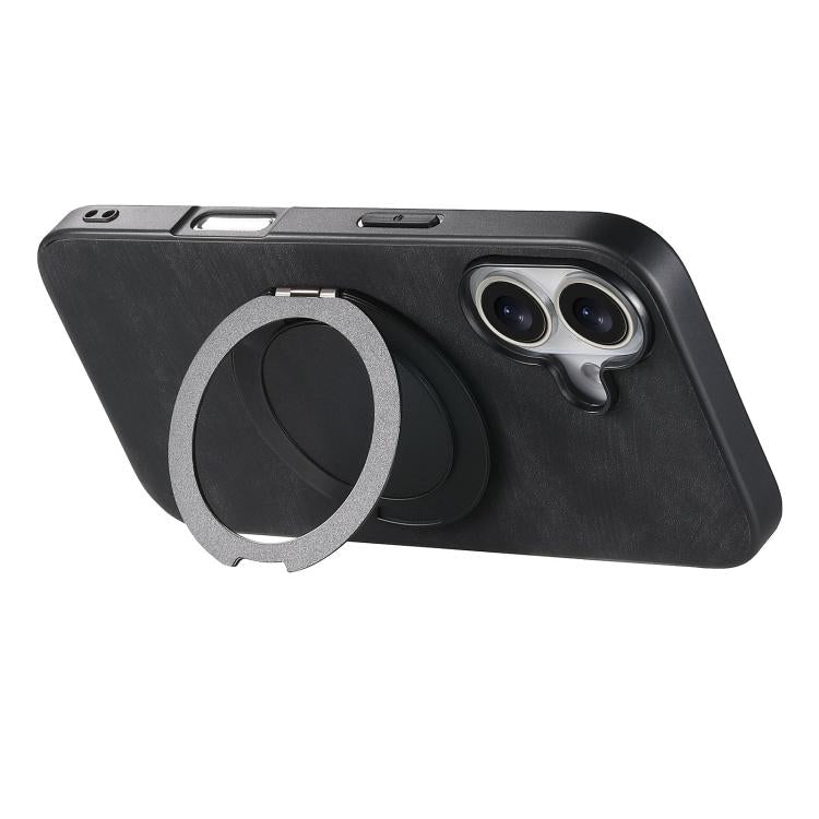 For iPhone 16 Retro Leather Rotation Round Holder Phone Case
