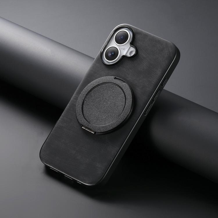 For iPhone 16 Retro Leather Rotation Round Holder Phone Case