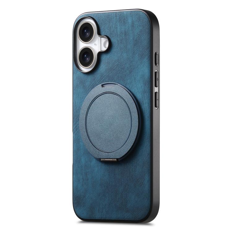 For iPhone 16 Retro Leather Rotation Round Holder Phone Case