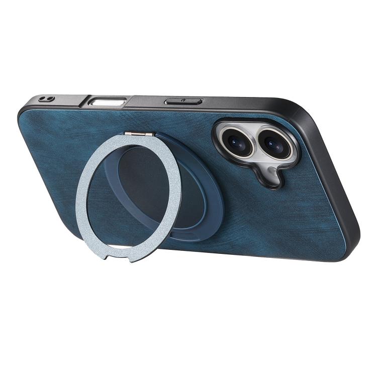 For iPhone 16 Retro Leather Rotation Round Holder Phone Case