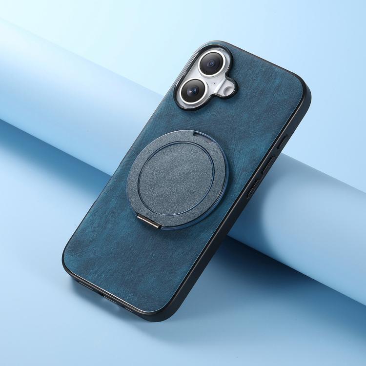 For iPhone 16 Retro Leather Rotation Round Holder Phone Case