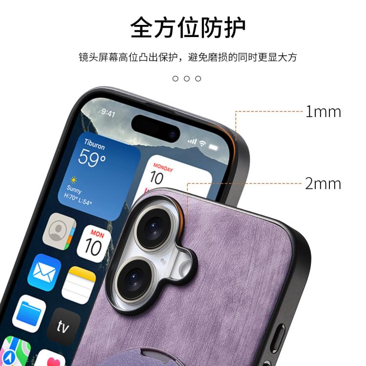 For iPhone 16 Retro Leather Rotation Round Holder Phone Case