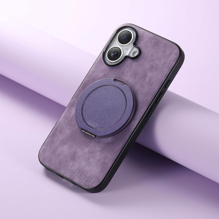 For iPhone 16 Retro Leather Rotation Round Holder Phone Case
