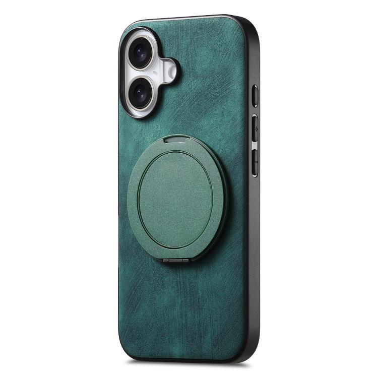 For iPhone 16 Retro Leather Rotation Round Holder Phone Case