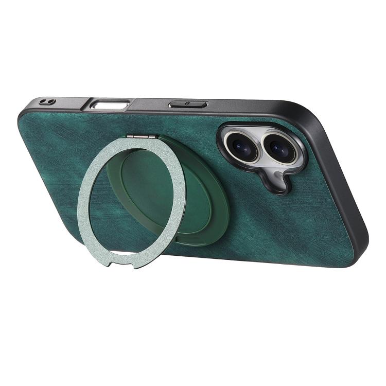 For iPhone 16 Retro Leather Rotation Round Holder Phone Case