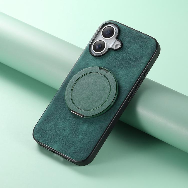 For iPhone 16 Retro Leather Rotation Round Holder Phone Case