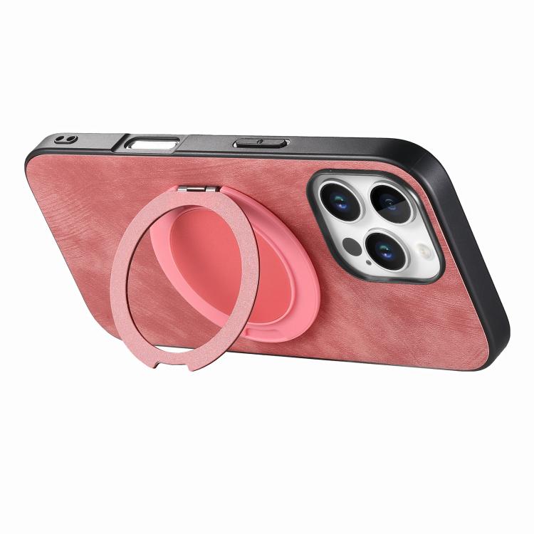 For iPhone 16 Pro Retro Leather Rotation Round Holder Phone Case