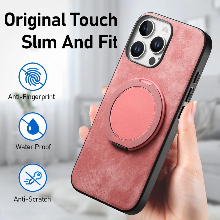 For iPhone 16 Pro Retro Leather Rotation Round Holder Phone Case