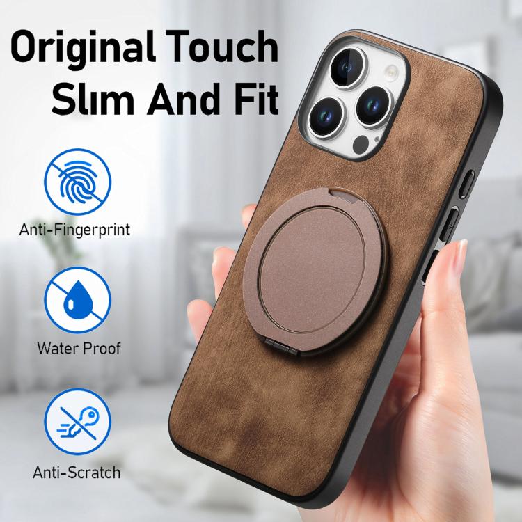 For iPhone 16 Pro Retro Leather Rotation Round Holder Phone Case