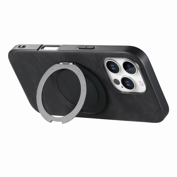 For iPhone 16 Pro Retro Leather Rotation Round Holder Phone Case