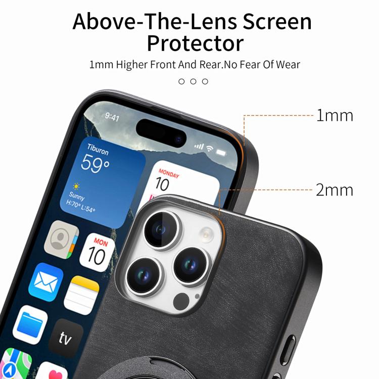 For iPhone 16 Pro Retro Leather Rotation Round Holder Phone Case