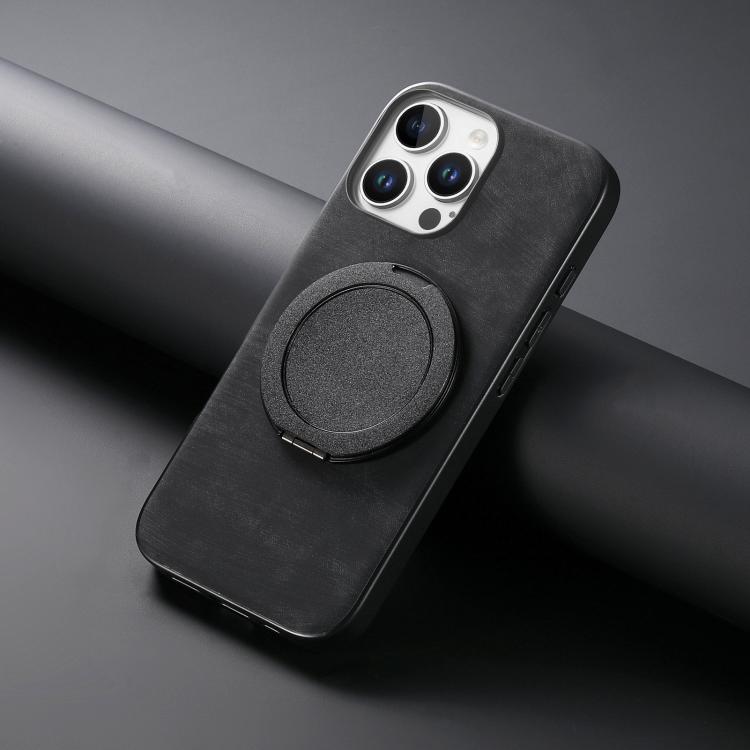 For iPhone 16 Pro Retro Leather Rotation Round Holder Phone Case