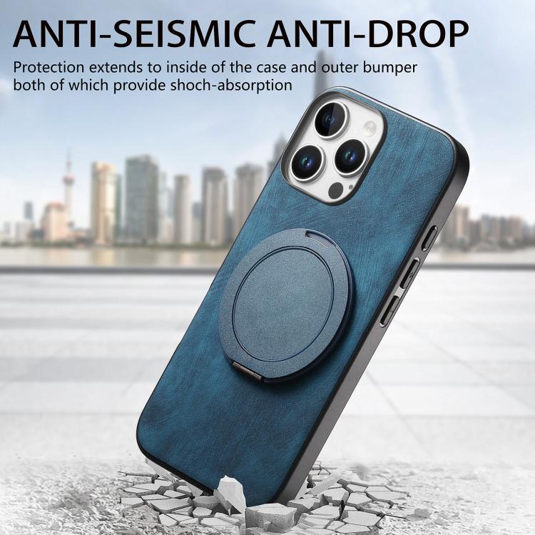 For iPhone 16 Pro Retro Leather Rotation Round Holder Phone Case