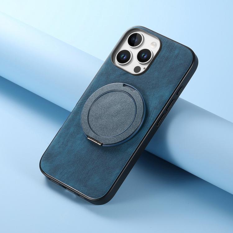 For iPhone 16 Pro Retro Leather Rotation Round Holder Phone Case