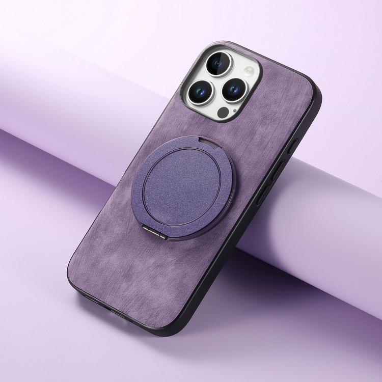 For iPhone 16 Pro Retro Leather Rotation Round Holder Phone Case