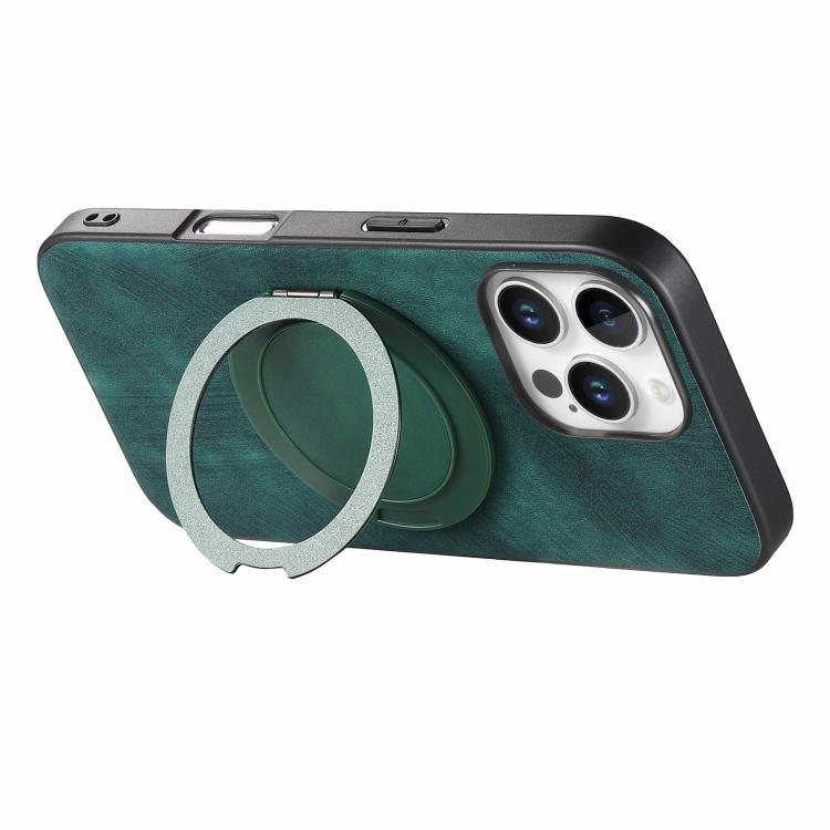For iPhone 16 Pro Retro Leather Rotation Round Holder Phone Case