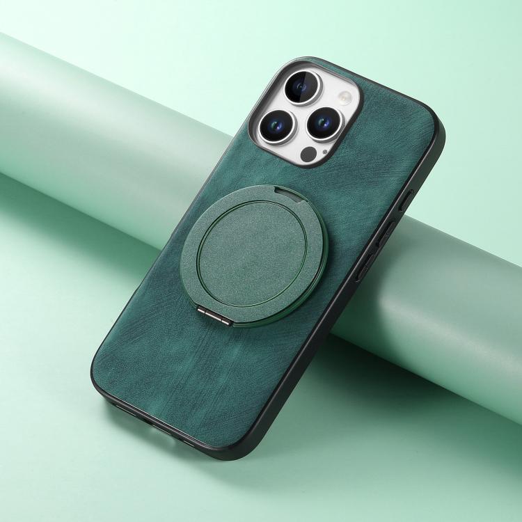 For iPhone 16 Pro Retro Leather Rotation Round Holder Phone Case