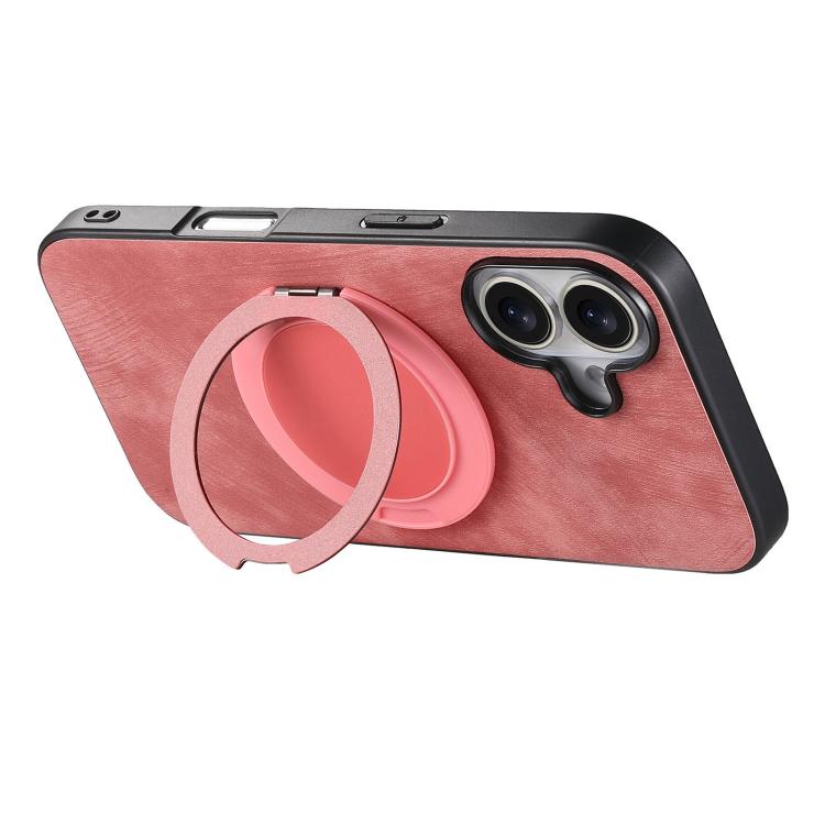 For iPhone 16 Plus Retro Leather Rotation Round Holder Phone Case