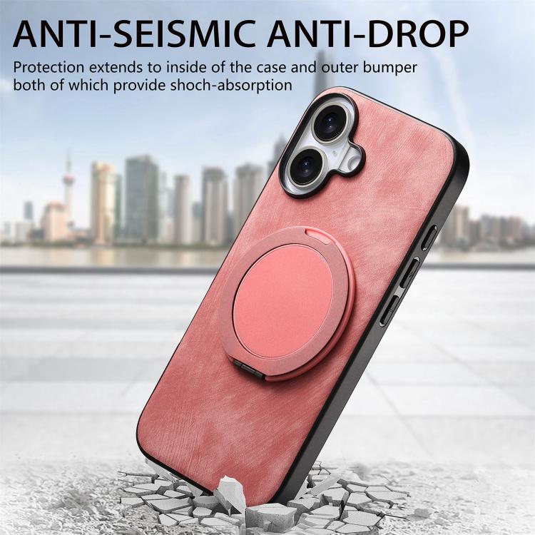 For iPhone 16 Plus Retro Leather Rotation Round Holder Phone Case