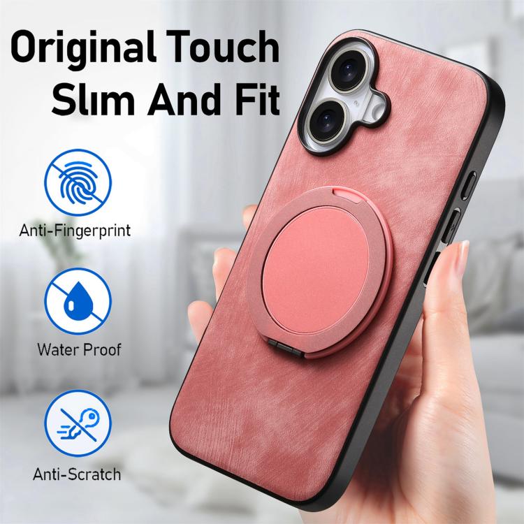 For iPhone 16 Plus Retro Leather Rotation Round Holder Phone Case