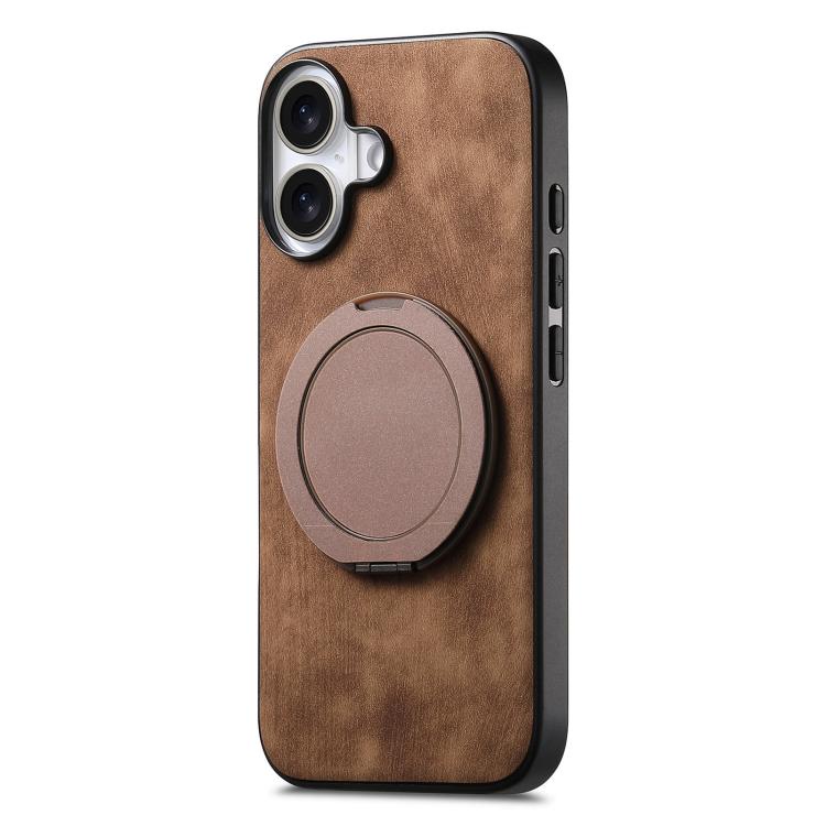 For iPhone 16 Plus Retro Leather Rotation Round Holder Phone Case