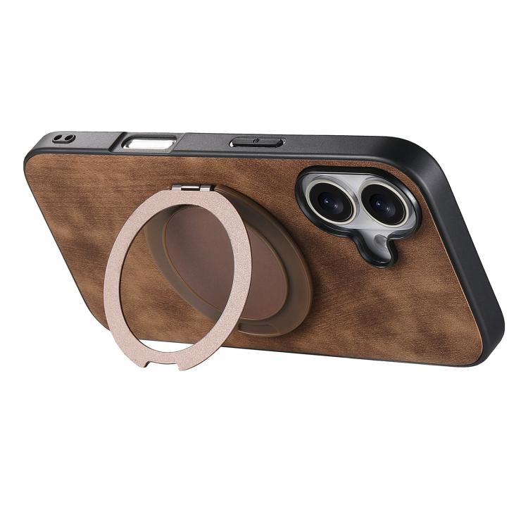 For iPhone 16 Plus Retro Leather Rotation Round Holder Phone Case