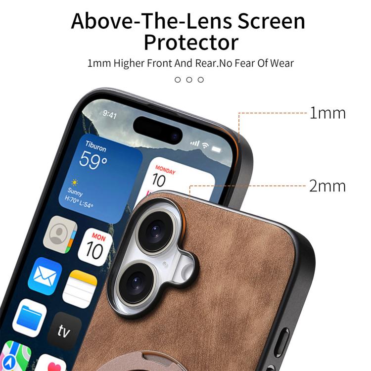 For iPhone 16 Plus Retro Leather Rotation Round Holder Phone Case