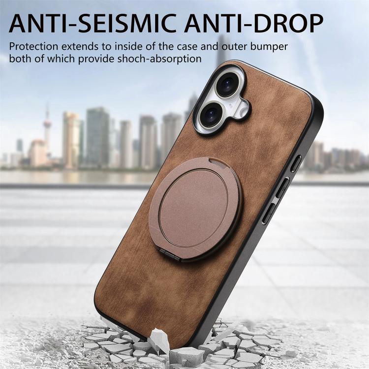 For iPhone 16 Plus Retro Leather Rotation Round Holder Phone Case