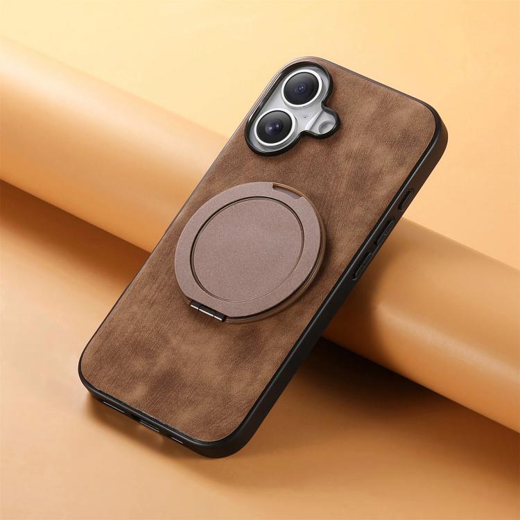 For iPhone 16 Plus Retro Leather Rotation Round Holder Phone Case