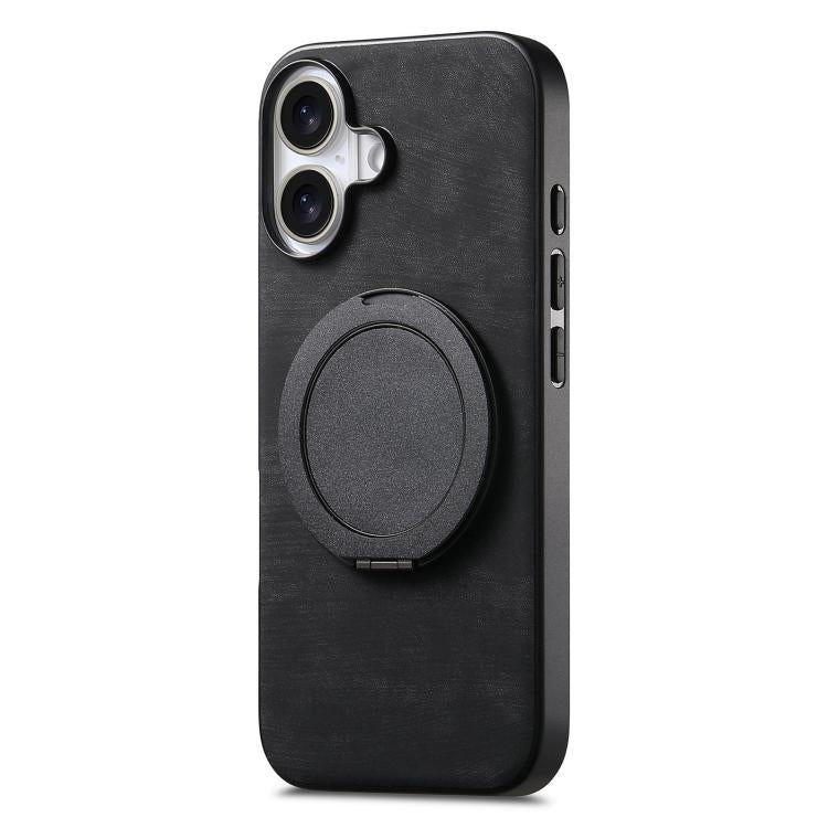 For iPhone 16 Plus Retro Leather Rotation Round Holder Phone Case