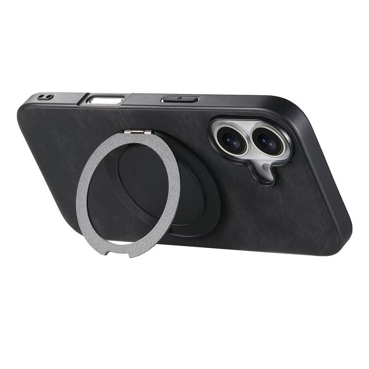 For iPhone 16 Plus Retro Leather Rotation Round Holder Phone Case
