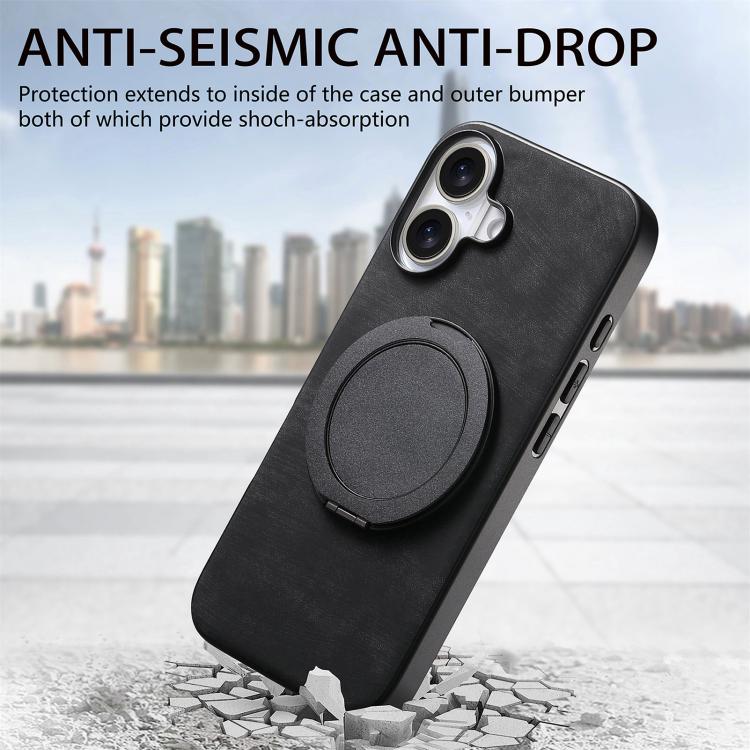 For iPhone 16 Plus Retro Leather Rotation Round Holder Phone Case