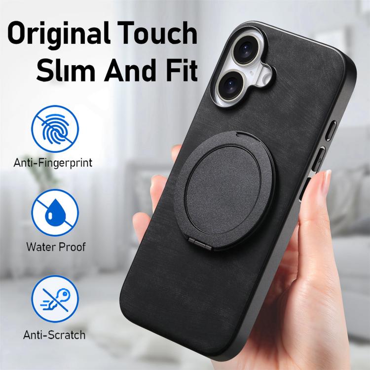 For iPhone 16 Plus Retro Leather Rotation Round Holder Phone Case