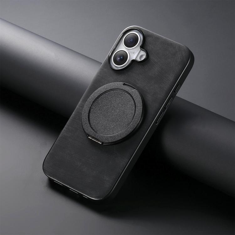 For iPhone 16 Plus Retro Leather Rotation Round Holder Phone Case