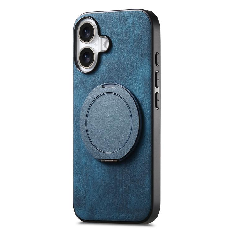 For iPhone 16 Plus Retro Leather Rotation Round Holder Phone Case