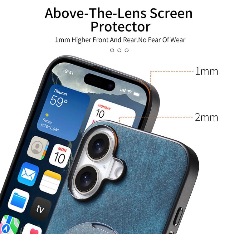 For iPhone 16 Plus Retro Leather Rotation Round Holder Phone Case