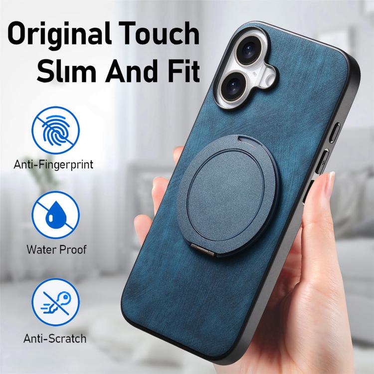 For iPhone 16 Plus Retro Leather Rotation Round Holder Phone Case