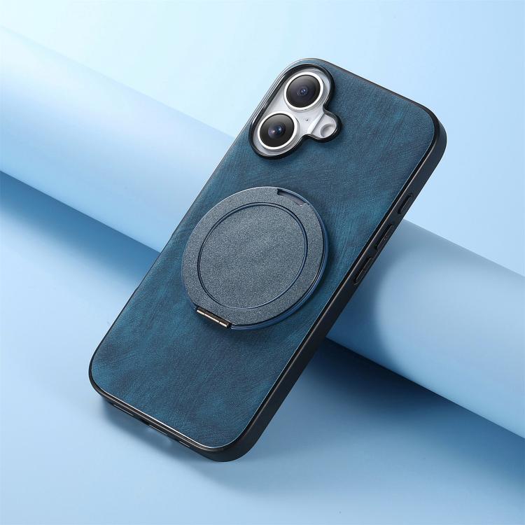 For iPhone 16 Plus Retro Leather Rotation Round Holder Phone Case