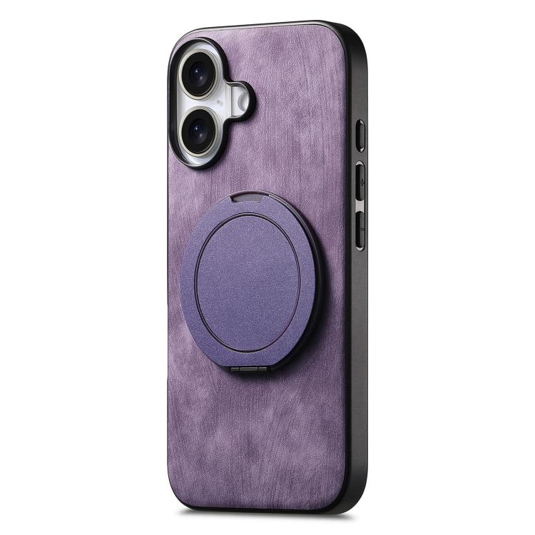 For iPhone 16 Plus Retro Leather Rotation Round Holder Phone Case