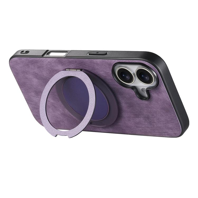 For iPhone 16 Plus Retro Leather Rotation Round Holder Phone Case
