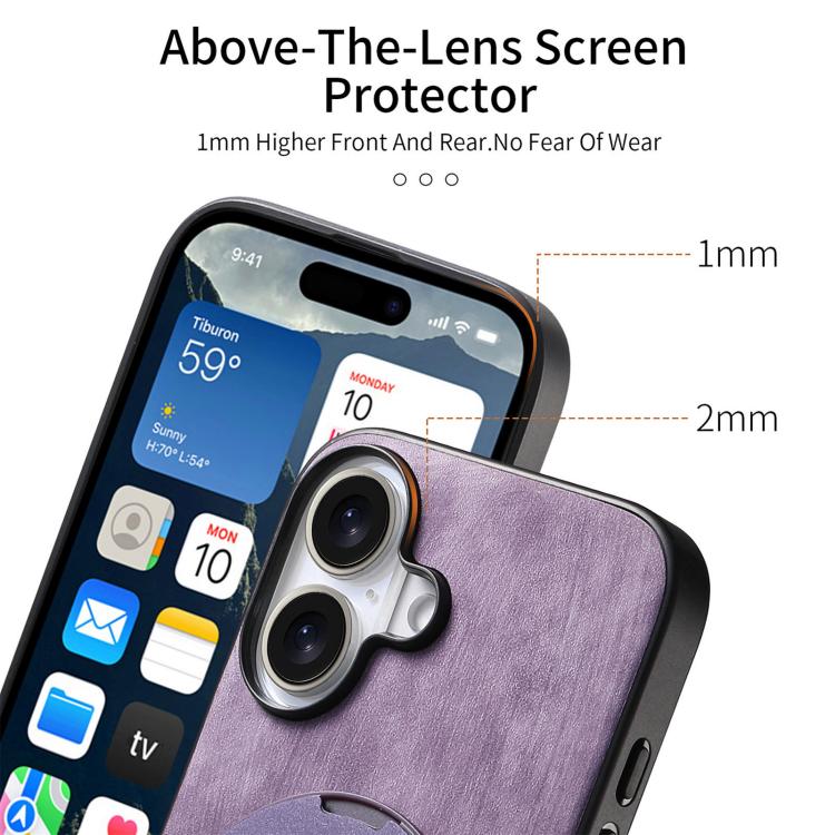 For iPhone 16 Plus Retro Leather Rotation Round Holder Phone Case