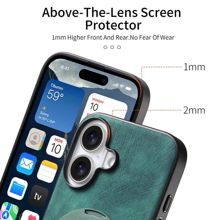 For iPhone 16 Plus Retro Leather Rotation Round Holder Phone Case