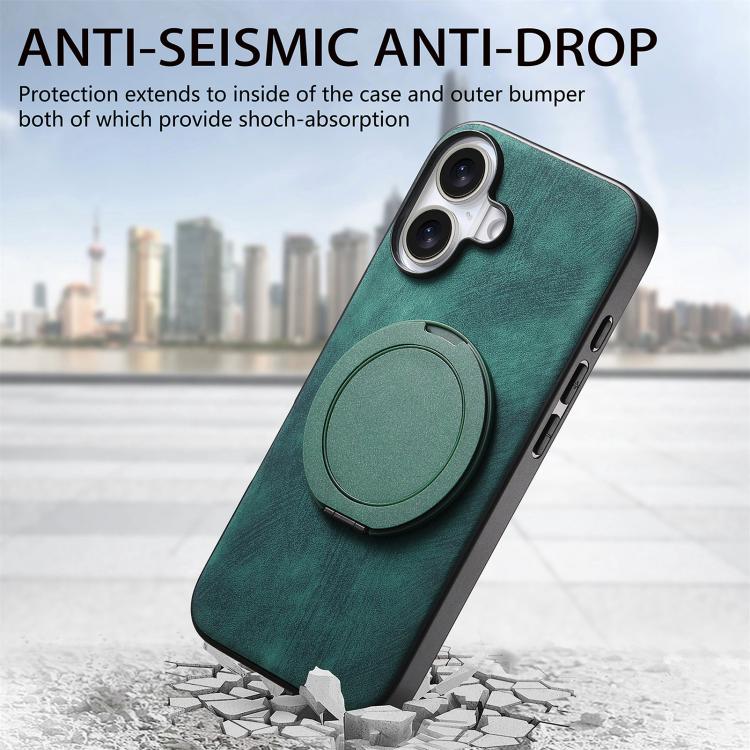 For iPhone 16 Plus Retro Leather Rotation Round Holder Phone Case